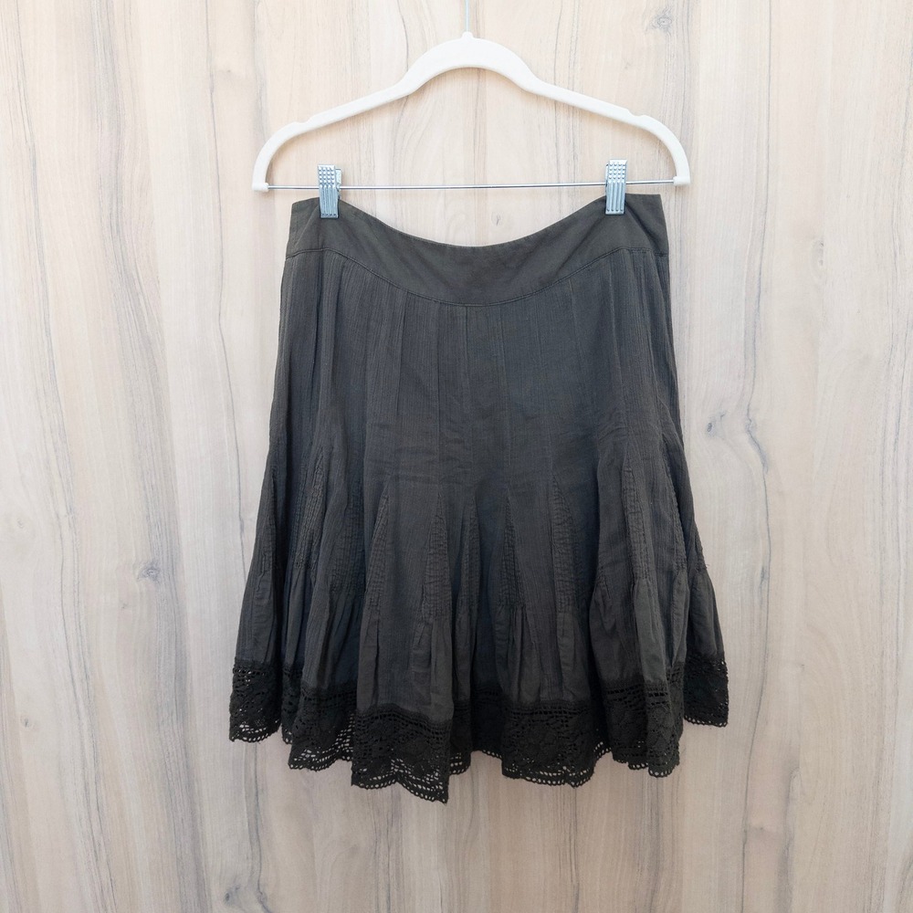 Anthropologie Edme & Esyllte Skirt 8 Olive Green Lace Trim Pleated Boho Fairy